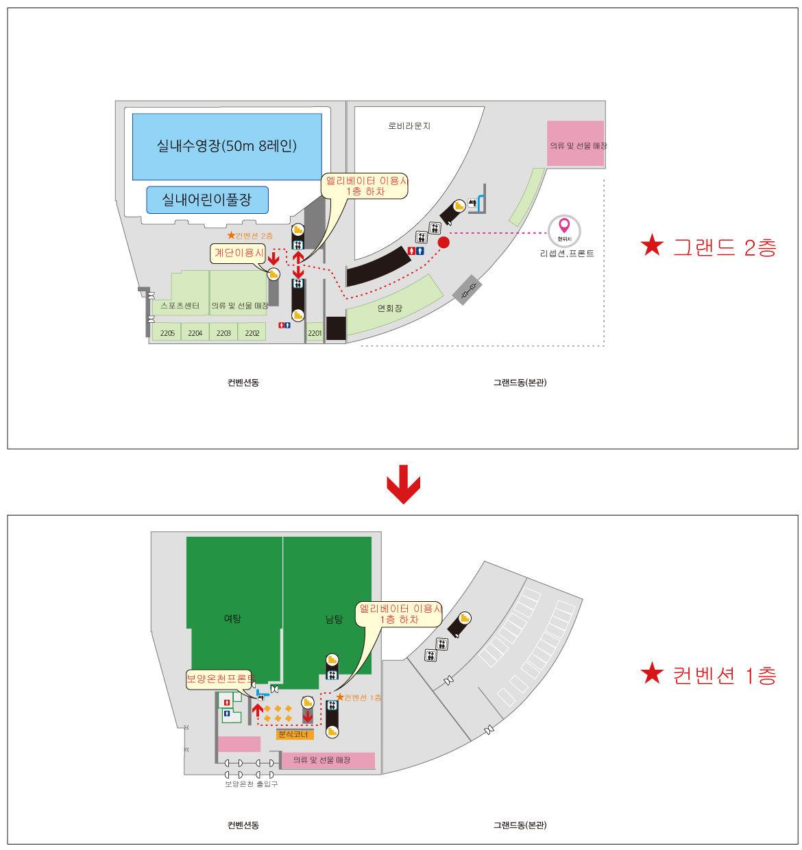 보양온천 · 해수수영장 · 찜질실 가는 길